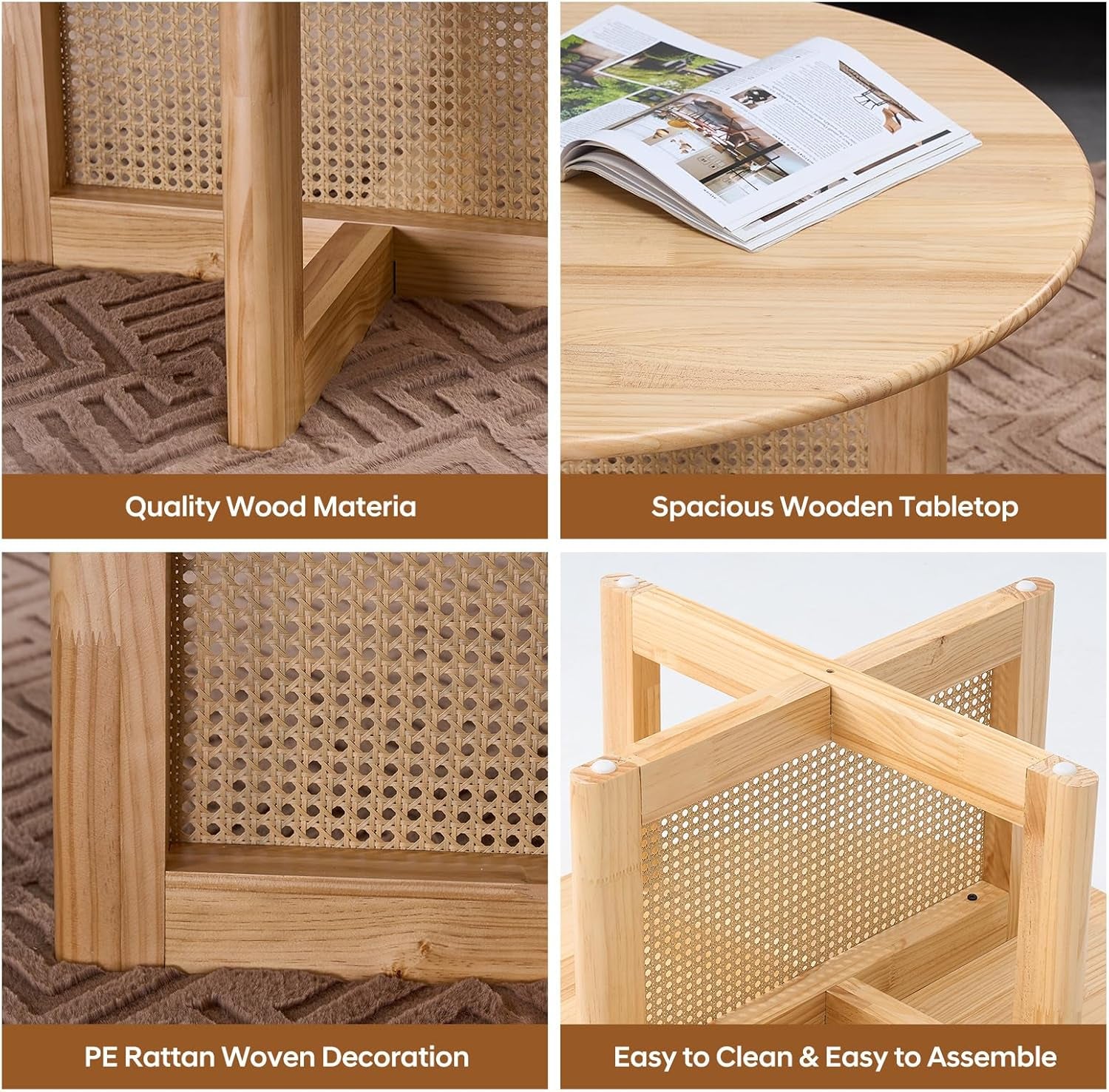 Rattan Coffee Table, 33 Inch Solid Wood Coffe Table with PE Rattan Stand, Unique Modern round Coffee Table for Living Room, Natural