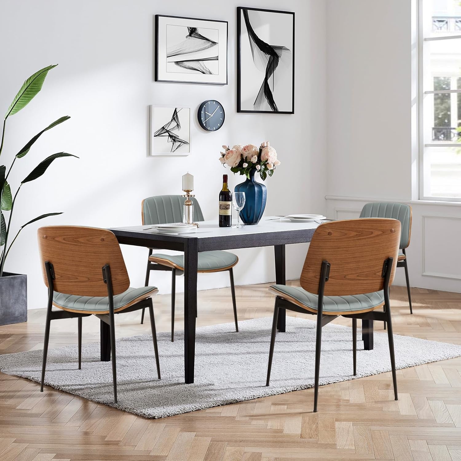 Dining Chairs Set of 2 Mid Century Modern Retro Faux Leather Chair with Walnut Bentwood Upholstered Seat Metal Legs Chairs,Adjustable Foot for Kitchen Dining Room Chairs(Green)