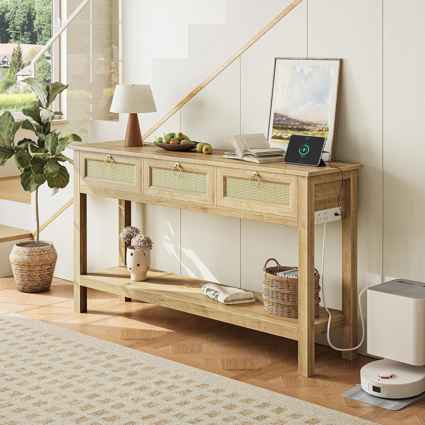 Rattan Console Sofa Table with Outlets and USB-C Port, 3 Drawer Entryway Table with Synthetic Rattan Surface, Open Shelf, behind Couch Entry Foyer Hallway Storage, Natural