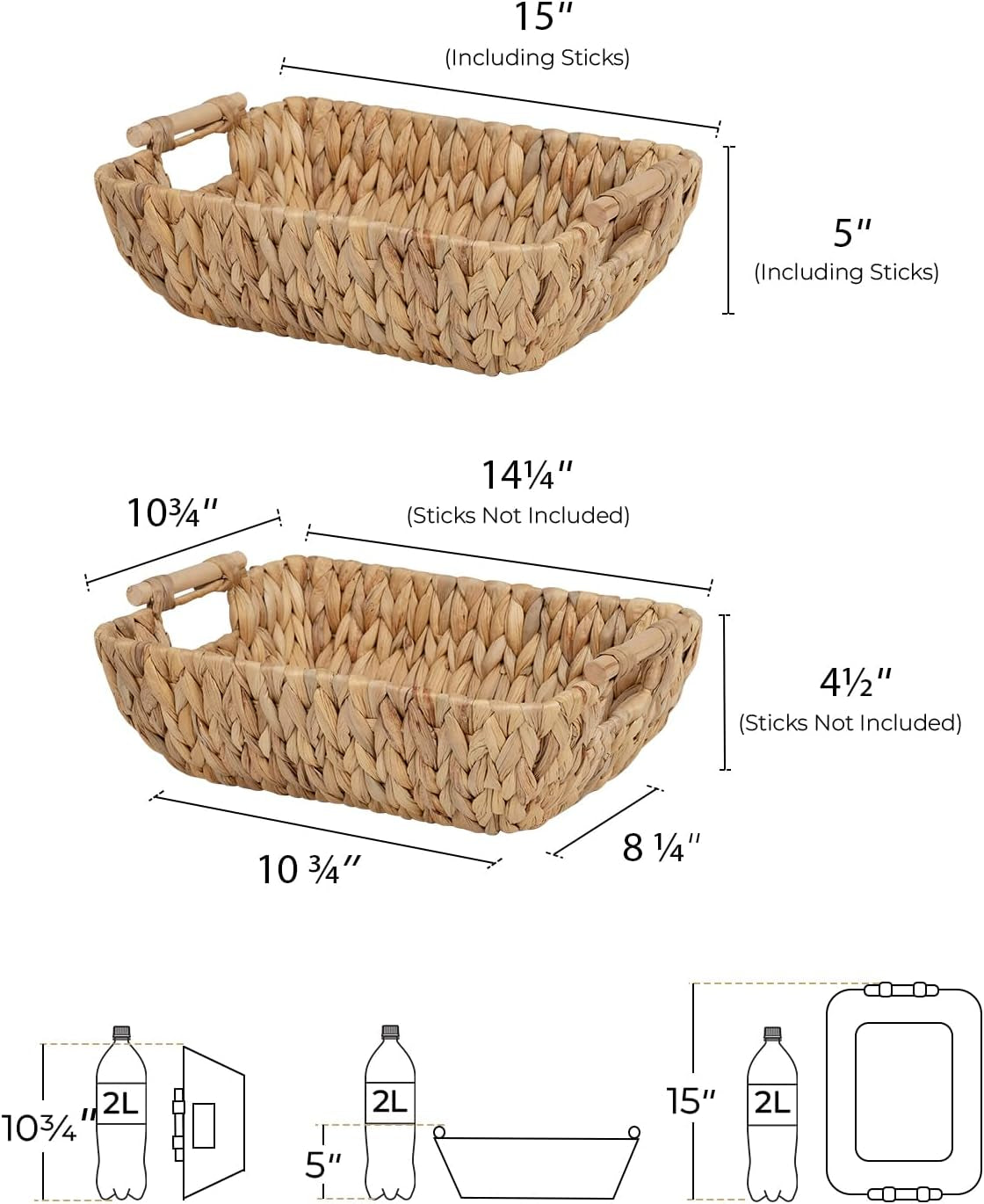 Hand-Woven Large Storage Baskets with Wooden Handles, Water Hyacinth Wicker Baskets for Organizing, 2-Pack