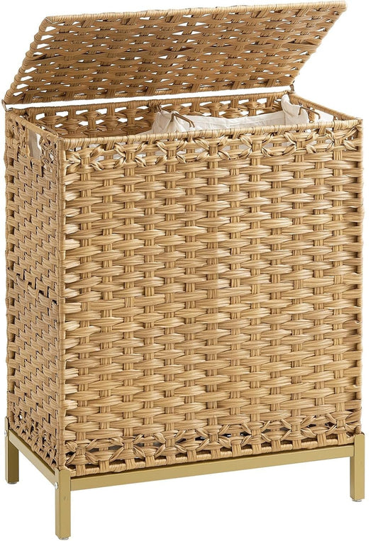 Laundry Hamper with Lid, 112 L Handwoven Rattan Wicker Laundry Basket, 2 Removable Liner Bags Metal Heightened Feet, 6 Mesh Bags, 2 Section Large Clothes Hamper for Bathroom Bedroom, Natural