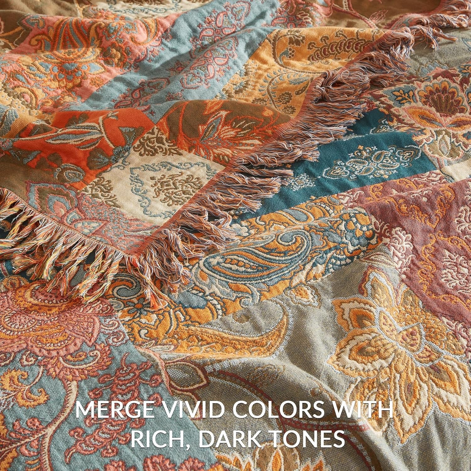Boho Throw Blanket for Couch Sofa Bed, 100% Cotton Woven Quilt with Tassel 60”X80”, Super Soft Muslin Blanket with Floral Printed, Decorative Reversible Bed Blanket/Cover for All Seasons