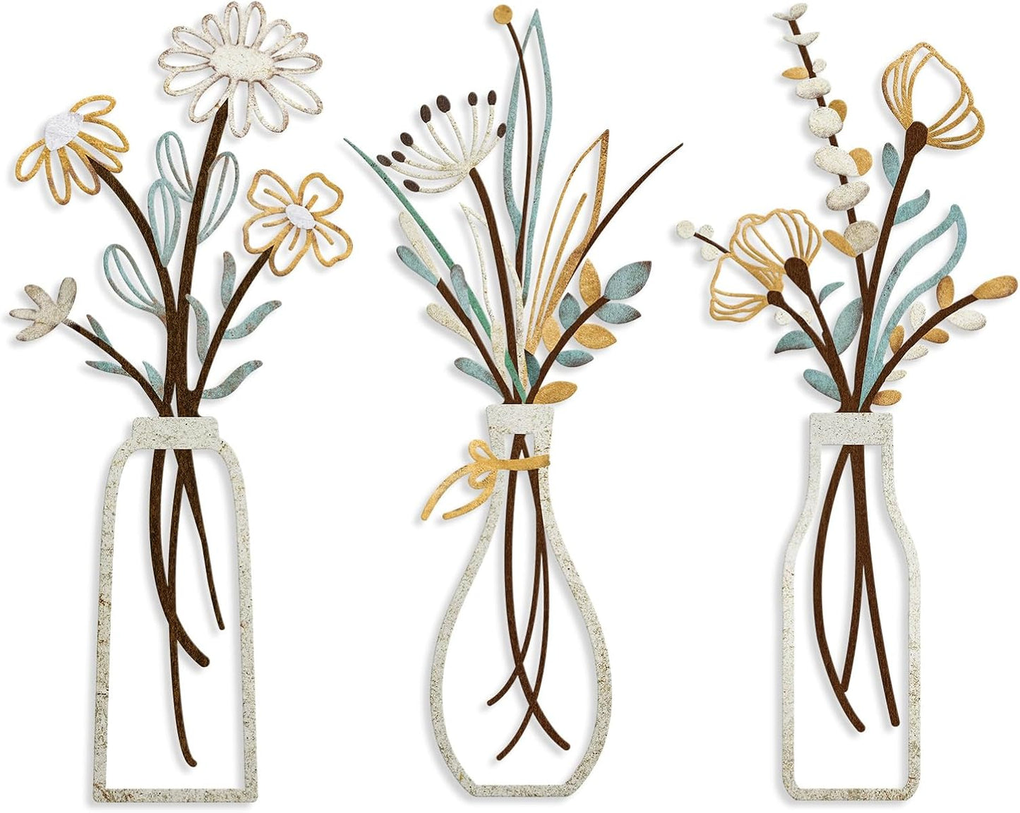 3 Pieces Metal Flowers Wall Arts - Rustic Farmhouse Decor Beige Minimalist Flower Wall Decors for Living Room Bathroom Bedroom Dining Room-Housewarming Gifts (Beige, Vase-C)