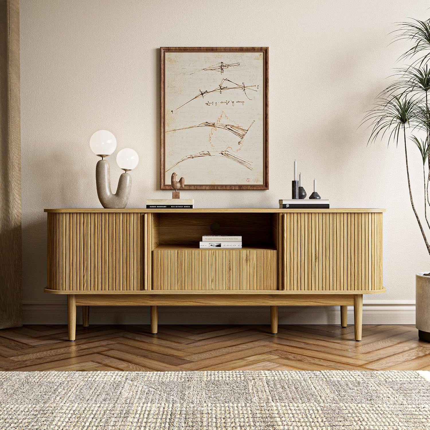 Modern TV Stand for 45/55/70 Inch TV, Entertainment Center with Sliding Doors and Storage, Wood TV Stand for Bedroom, Living Room, Natural