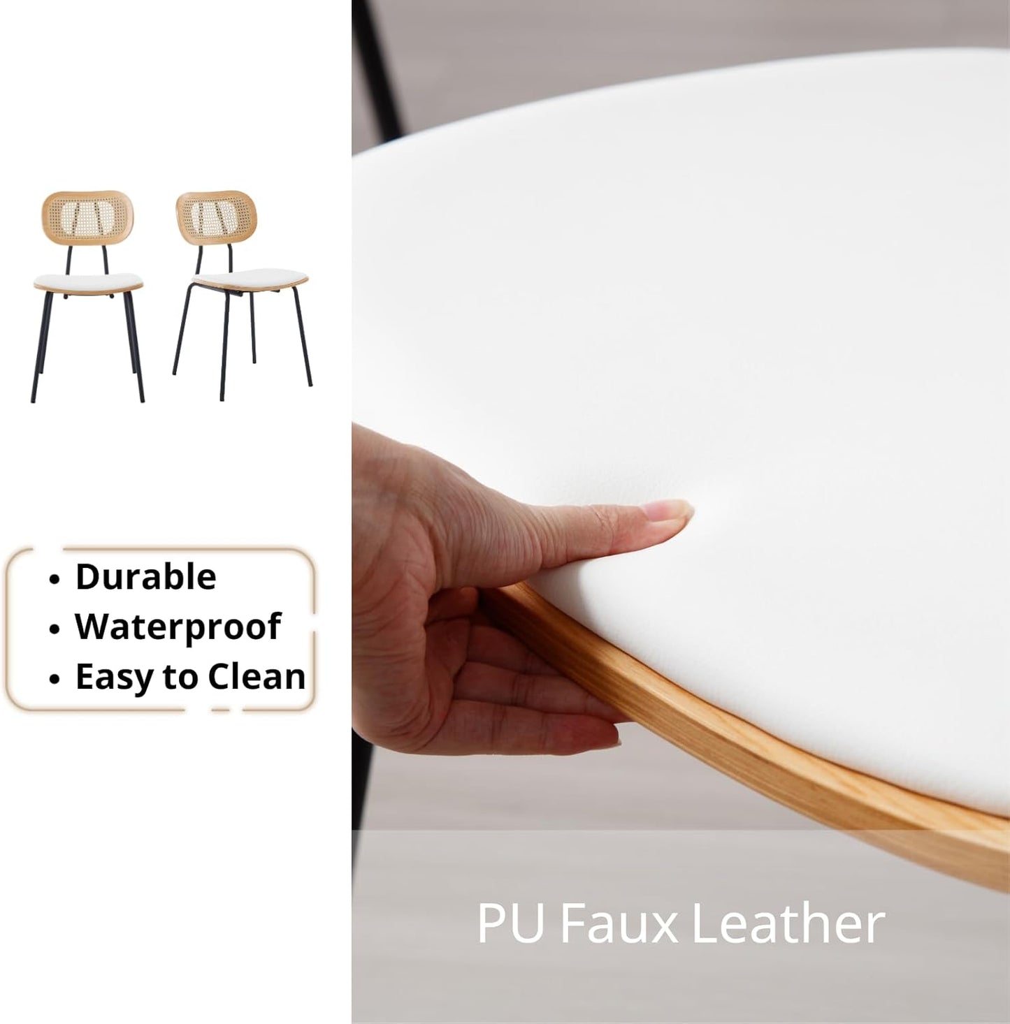 Dining Chairs Set of 2, Upholstered Faux Leather Rattan Dining Chairs with Backrest and Metal Legs, Armless Kitchen Rattan Chairs for Dining Room, White