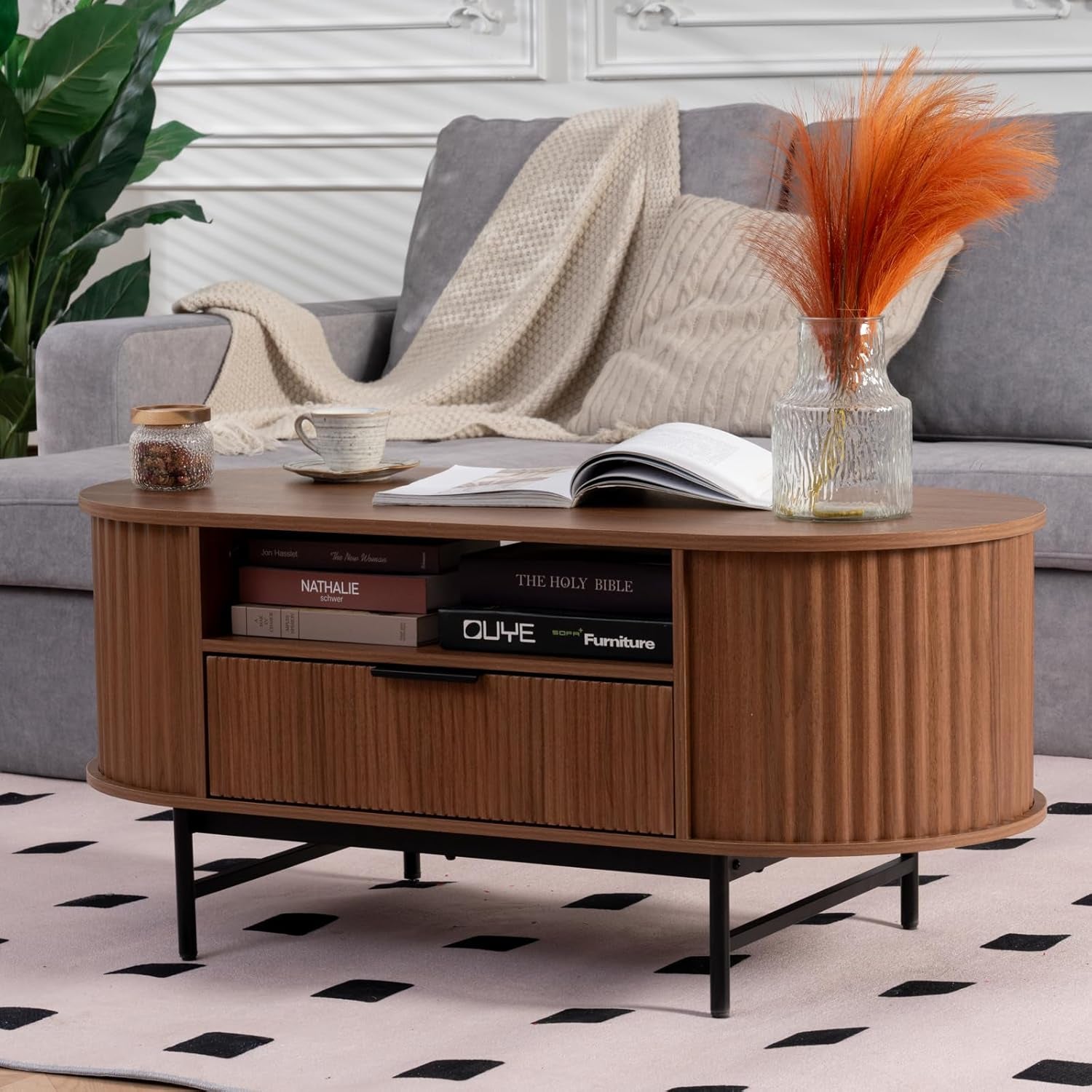 Modern Fluted Coffee Table, 42'' Oval Coffee Table with Drawer, Curved Wooden Center Table with Black Metal Legs for Living Room, Walnut