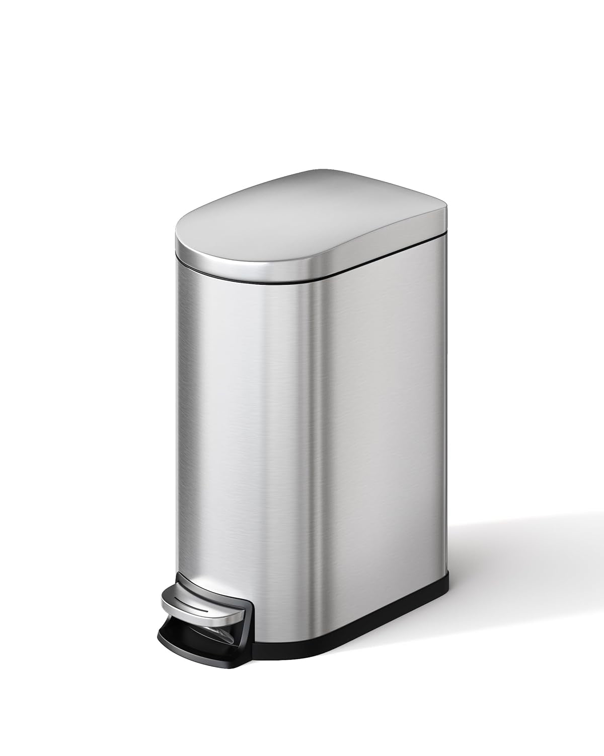 2.6 Gallon / 10 L Stainless Steel Bathroom Trash Can with Lid, Slim Waterproof Garbage Can for Bedroom, Small Step-On Metal Trash Bin with Inner Bucket, Rear Handle, Soft Close Lid, Silver