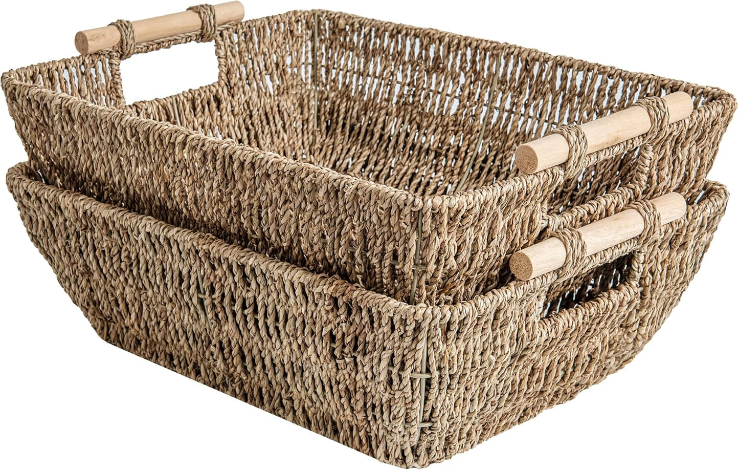 Hand-Woven Large Storage Baskets with Wooden Handles, Water Hyacinth Wicker Baskets for Organizing, 2-Pack
