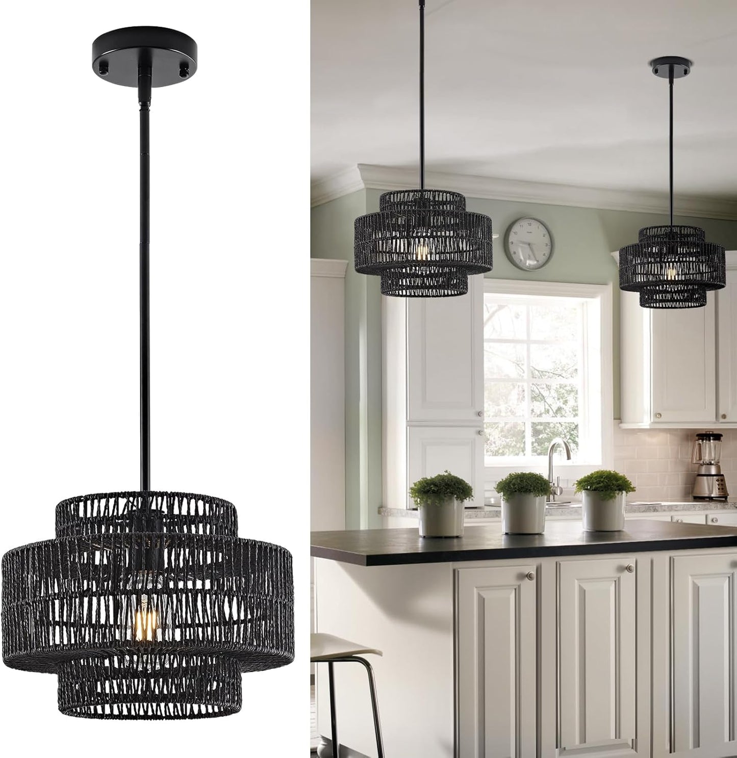 4-Light Boho Rattan Chandelier Light Fixture, 17.7” Hand Woven Rustic Chandeliers Farmhouse Chandelier Hanging Light for Dining Room Kitchen Island, Living Room, Foyer