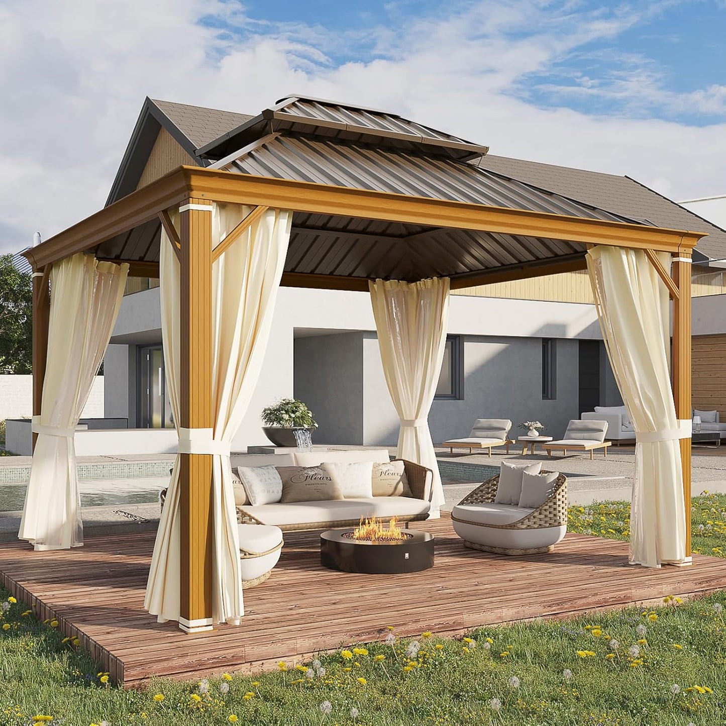 10' X 12' Hardtop Gazebo, Metal Gazebo with Aluminum Frame, Double Galvanized Steel Roof, Curtains and Netting Included, Pergolas for Patios, Garden, Parties, Lawns