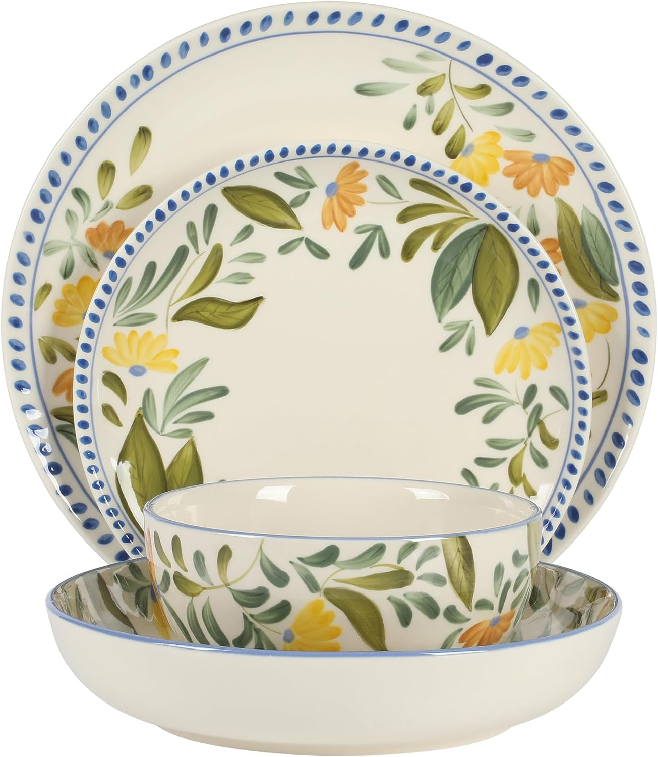 Oprah'S Favorite Things - Posy Blossom Double Bowl Hand Painted Stoneware Plates and Bowls Floral Dinnerware Set, Service for Four (16Pcs)