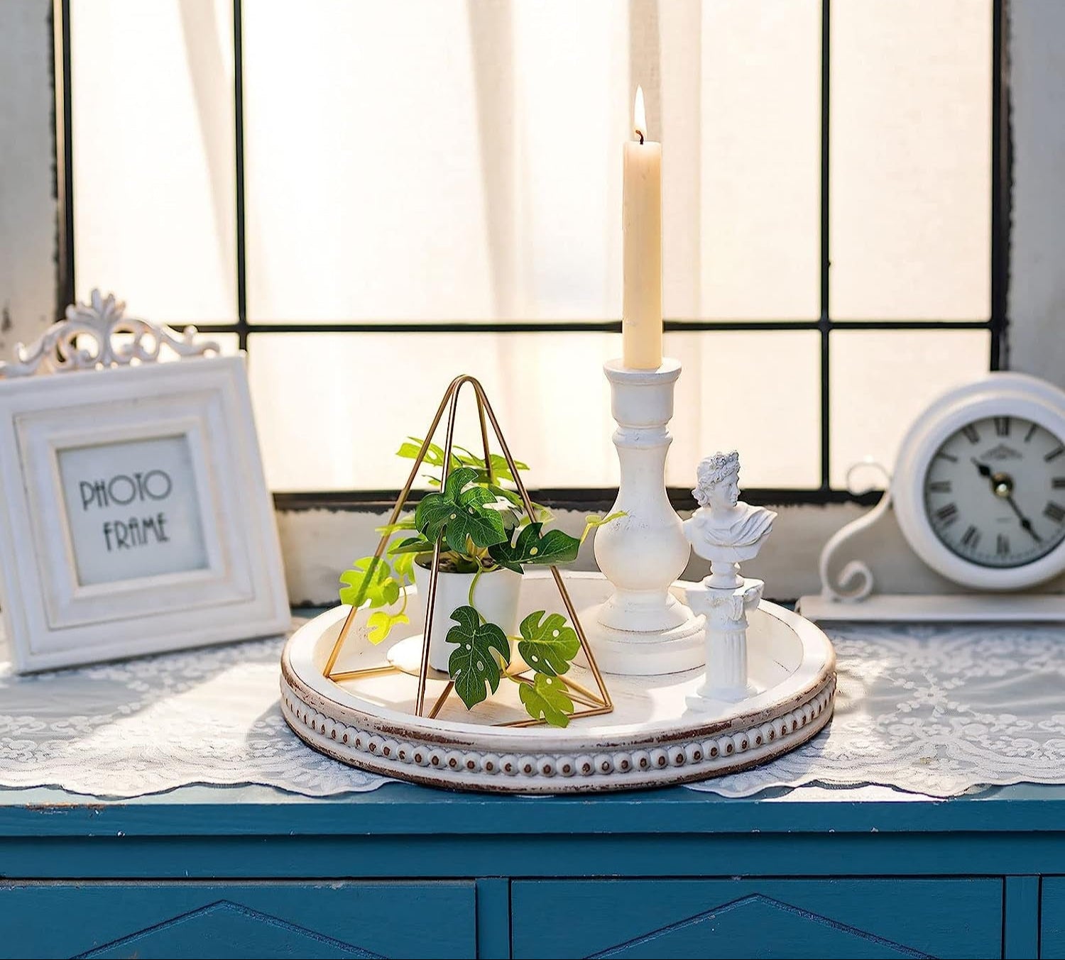 Decorative Serving Tray Wood: White Washed Bead round Tray Decor for Coffee Table Rustic Wooden Trays Farmhouse Centerpiece for Living Room Kitchen Counter