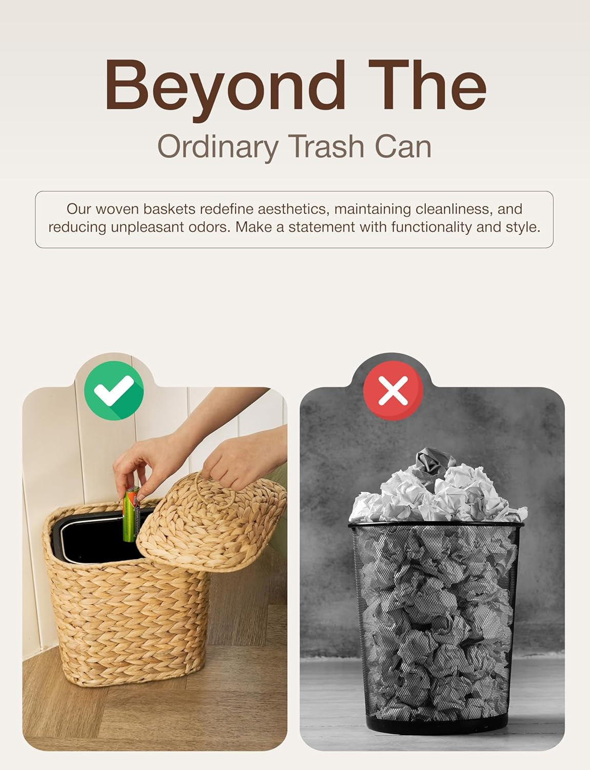 2 Gallons Wicker Waste Basket with Lid - Large Wicker Trash Can for Office - Waste Basket for Bedroom, Bathroom, Kitchen, Living Room - Boho Handwoven Trash Cans for Garbage (2 Gallons)