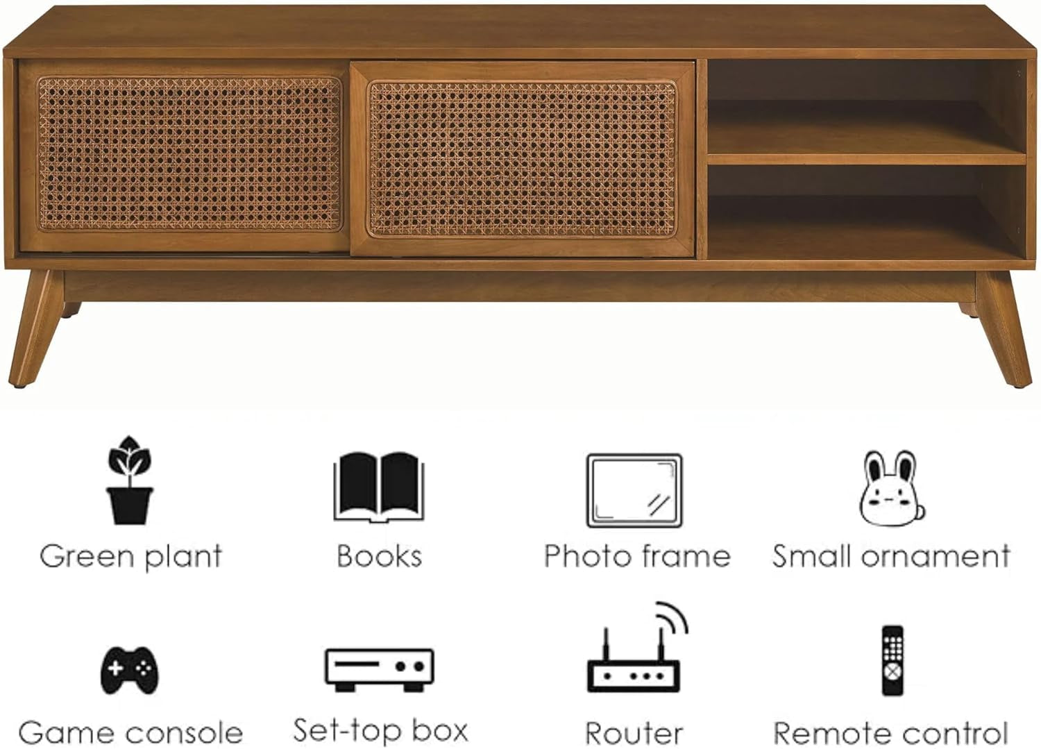 59 Inch Mid Century Modern TV Stand with Rattan Doors, Entertainment Center Media Console for 55/60/65 Inch TV, Boho/Mcm Television Stand for Living Room/Bedroom, Light Wood
