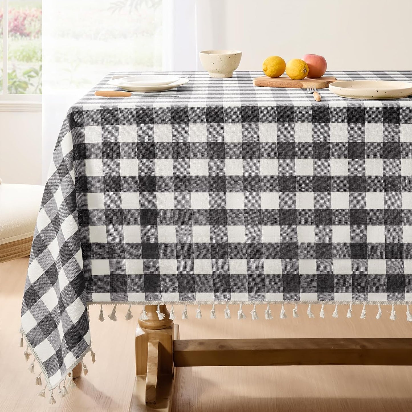 Checkered Tablecloth Rectangle, Heavy Weight Linen Gingham Christmas Table Cloth with Tassel, Washable Wrinkle Free Buffalo Plaid Table Cover for Dining/Party/Home - 55 X 84 Inch, Sage