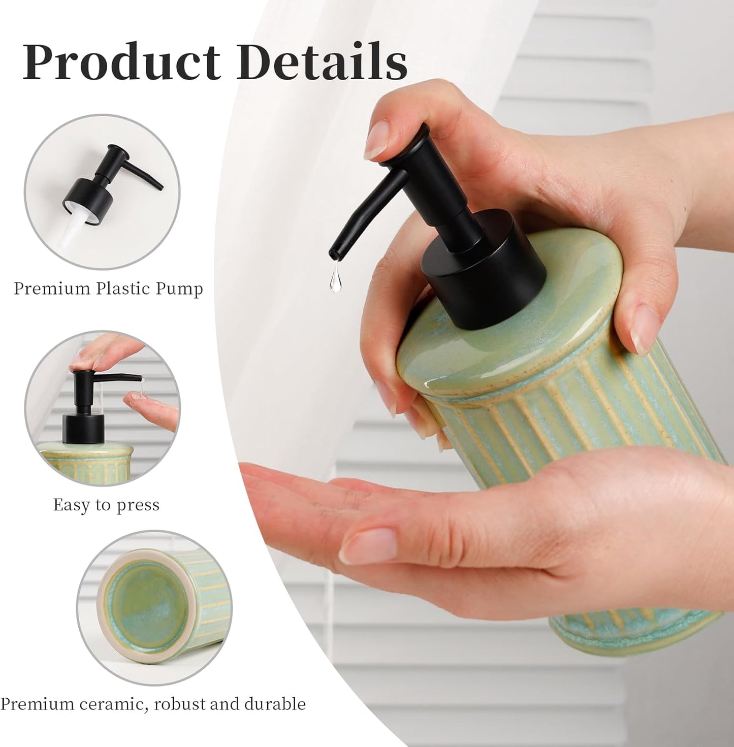 Soap Dispenser, Ceramic Liquid Dish Soap Dispenser 11.84OZ, Hand Soap Dispenser for Kitchen Bathroom, Refillable Shower Soap Dispenser, Light Green,