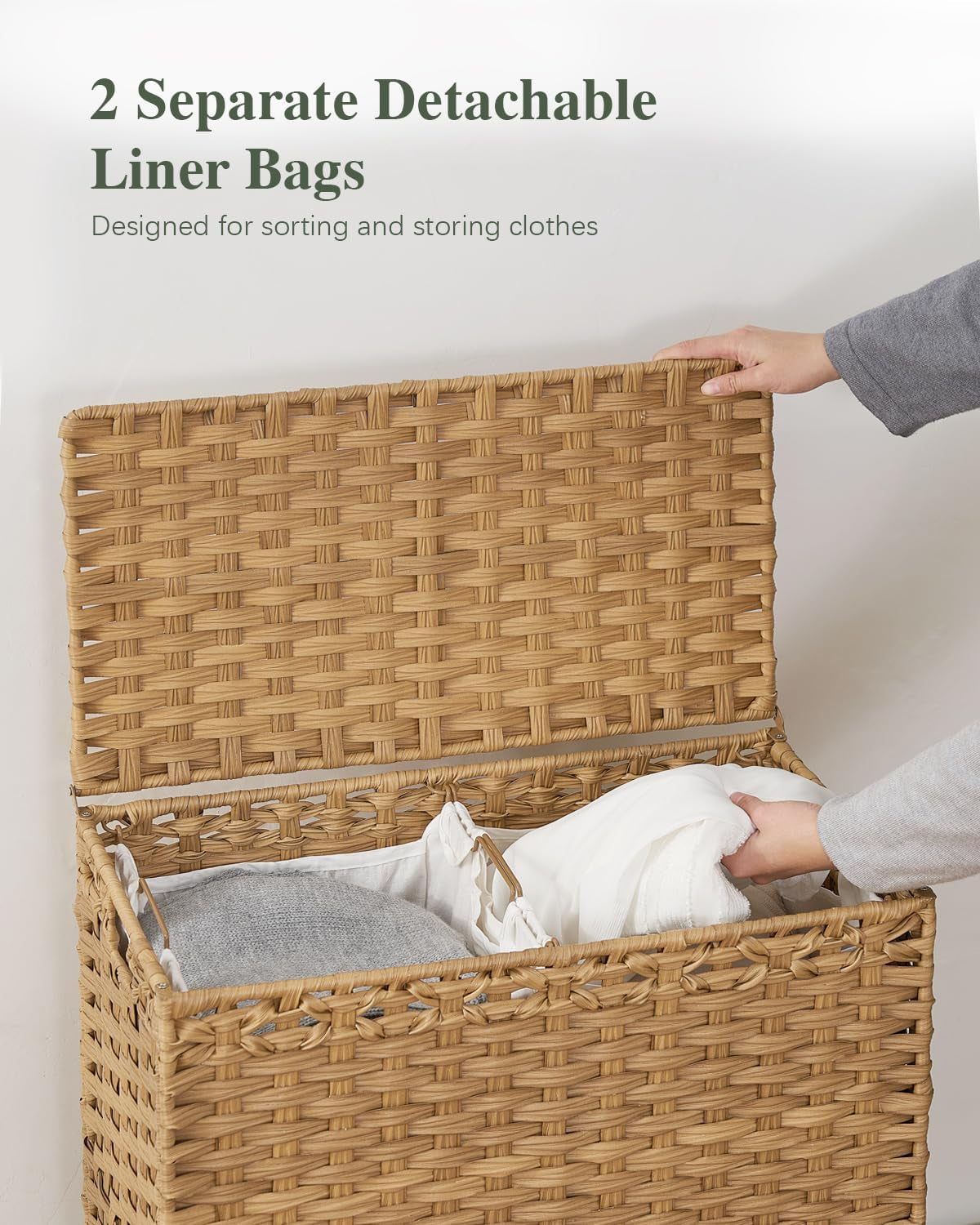 Laundry Hamper with Lid, 112 L Handwoven Rattan Wicker Laundry Basket, 2 Removable Liner Bags Metal Heightened Feet, 6 Mesh Bags, 2 Section Large Clothes Hamper for Bathroom Bedroom, Natural