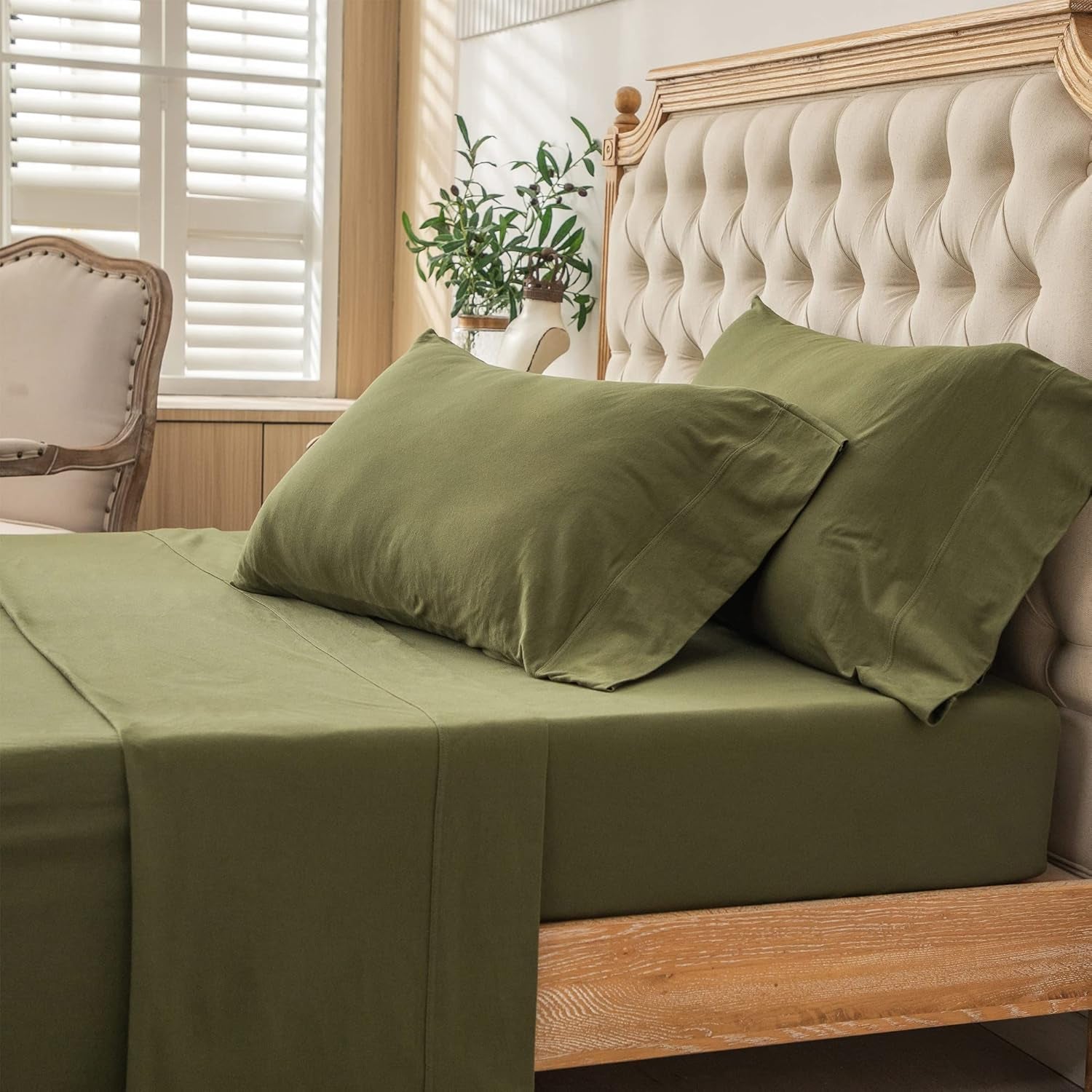 Jersey Knit 4Pc Bed Sheet Set 100% T-Shirt Heather Cotton Super Soft Comfy Breathable Fits Mattress up to 20" Extra Deep Pocket(Olive Green, King)