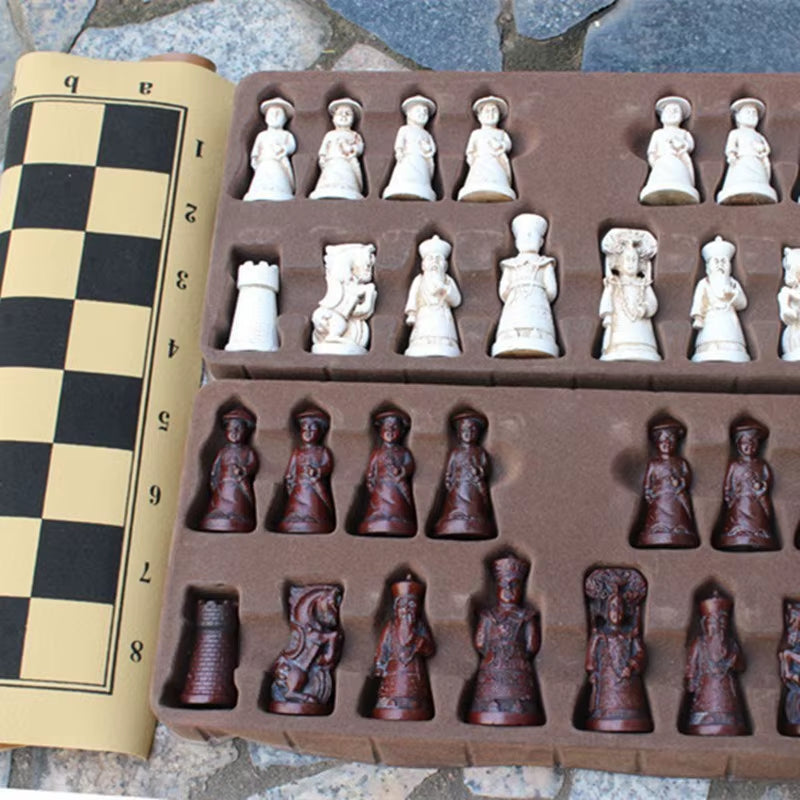 Antique Chess Set Resin Large Chess Figures Shape Leather Chess Board Game Pieces Christmas Birthday Parent-Child Gifts