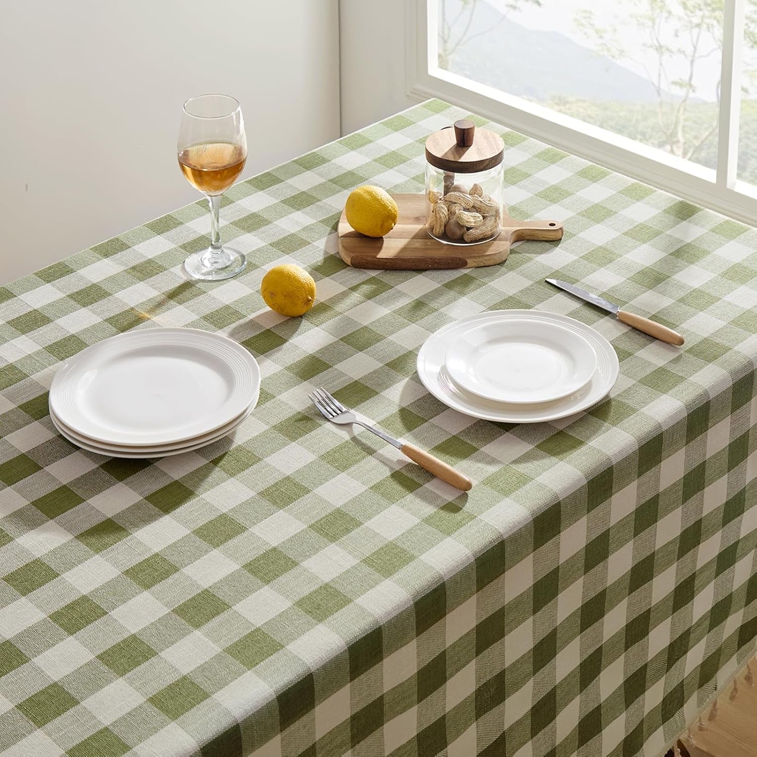 Checkered Tablecloth Rectangle, Heavy Weight Linen Gingham Christmas Table Cloth with Tassel, Washable Wrinkle Free Buffalo Plaid Table Cover for Dining/Party/Home - 55 X 84 Inch, Sage