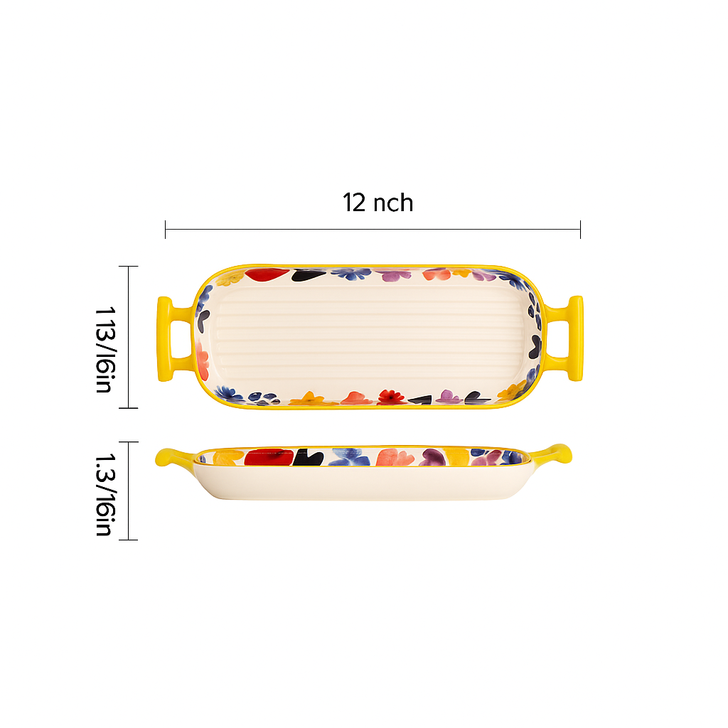 Ceramic Double-Ear Baking Dish – Floral Rectangular Oven Plate
