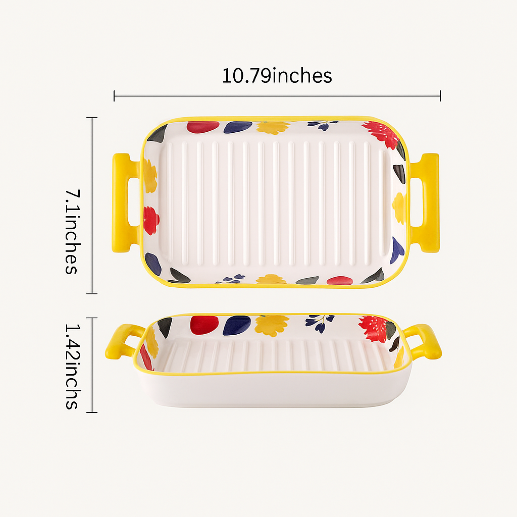 Ceramic Double-Ear Baking Dish – Floral Rectangular Oven Plate