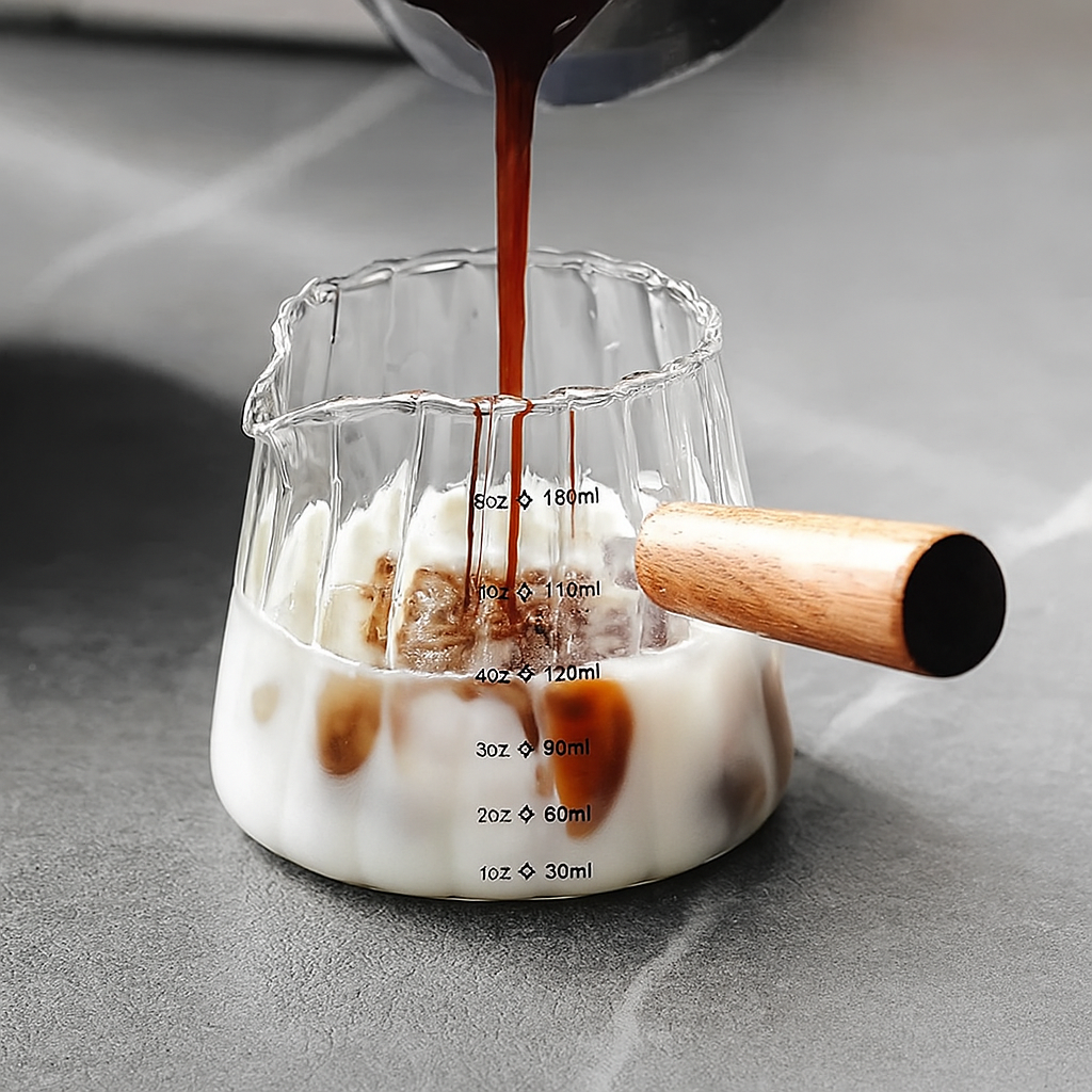 Glass Measuring Cup – Wooden Handle, Single/Double Mouth, 3 fl oz / 4 fl oz / 6 fl oz